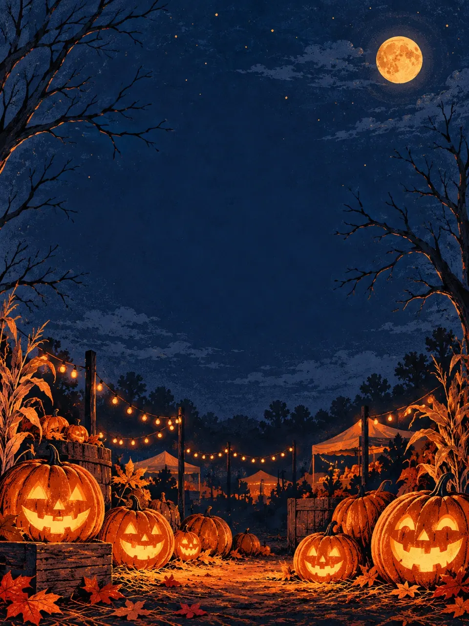 October night-market poster background: A poster-shaped scene with open space for a designer's headline.