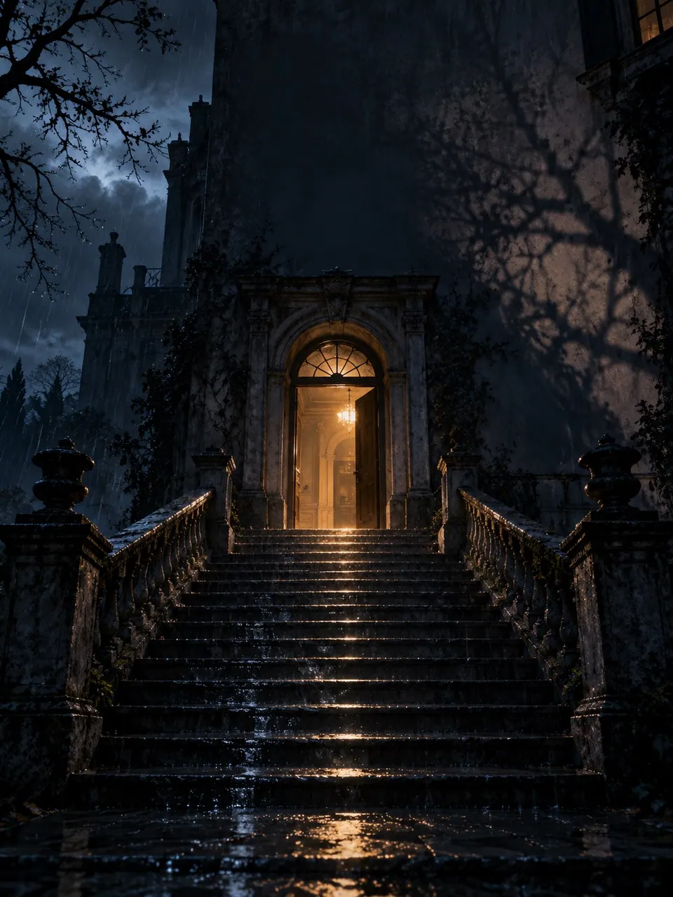 Original gothic mystery poster: A dramatic staircase and doorway without borrowed film branding.