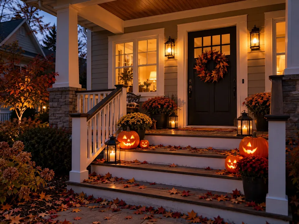 Add Halloween decor to my porch photo: A place-based transformation that should keep the original structure recognizable.