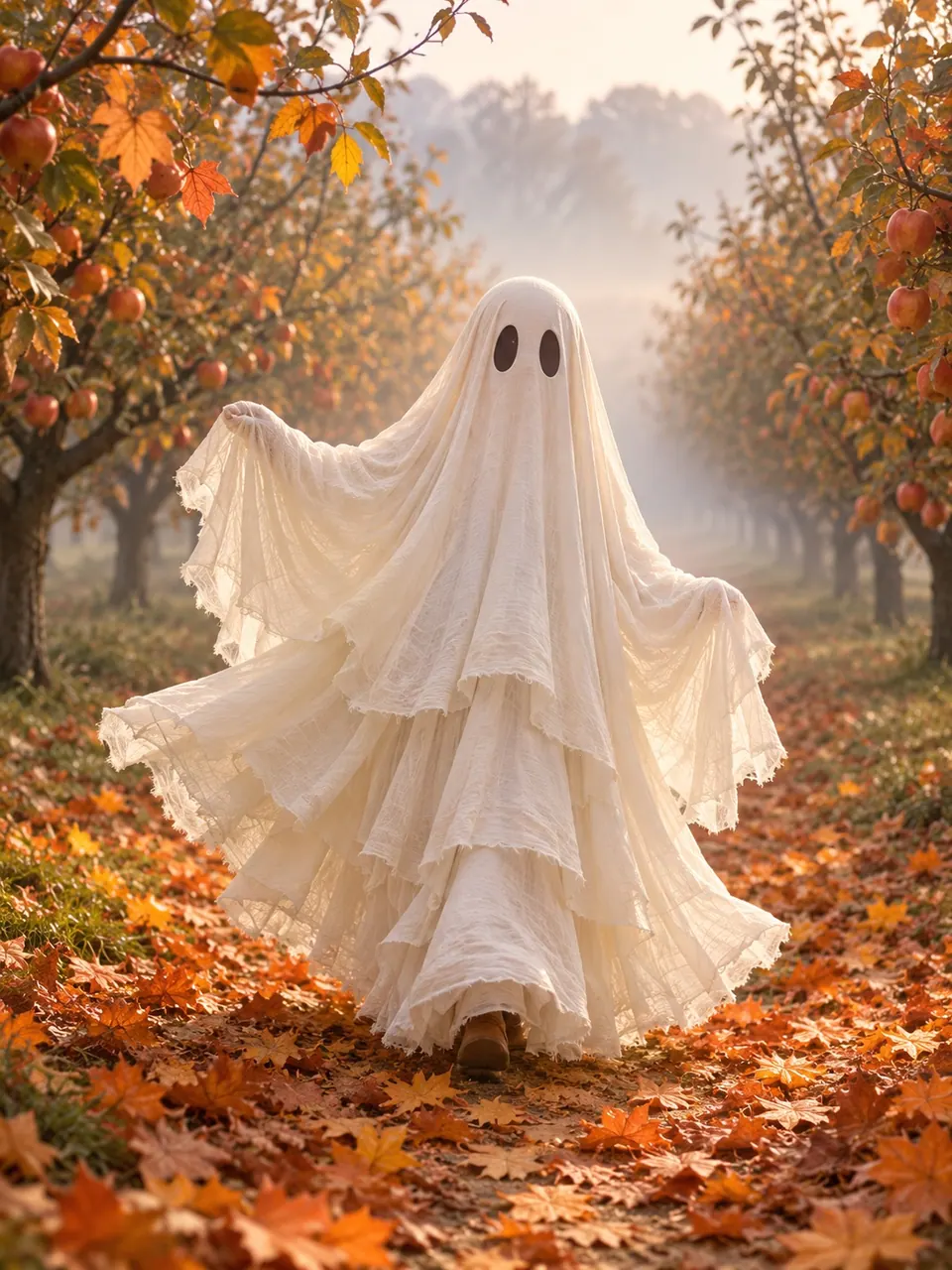 Friendly orchard ghost: A family-friendly costume idea with a whole figure and a soft seasonal setting.