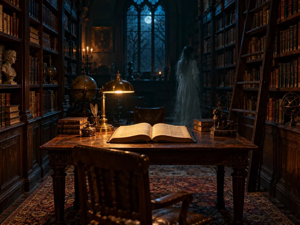 The ghostly library: A story scene where the spirit is a small discovery, not the whole frame.