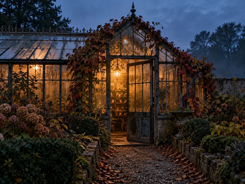 Lantern in the old greenhouse: A mysterious exterior built around one doorway and one warm light.