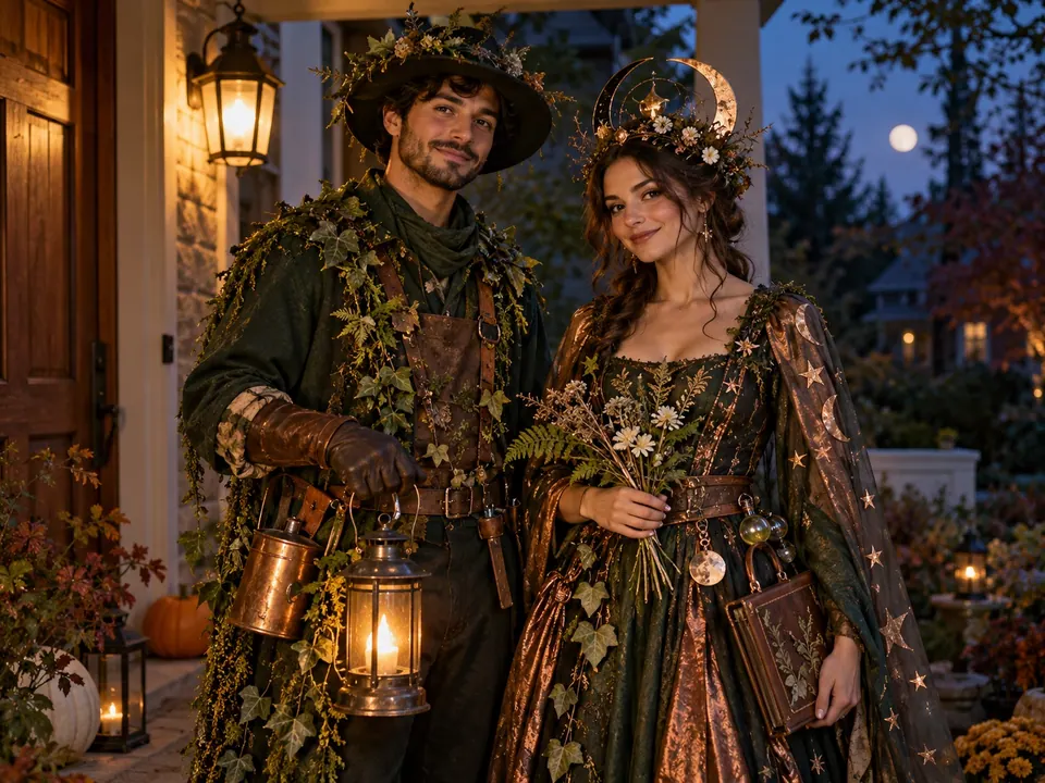 Coordinated folklore costumes: Two original costumes that share a palette without copying an existing pair of characters.