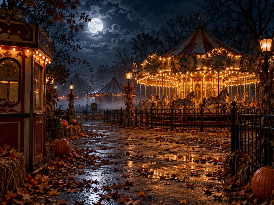 Carnival after closing: An eerie night scene without violence or a crowded foreground.