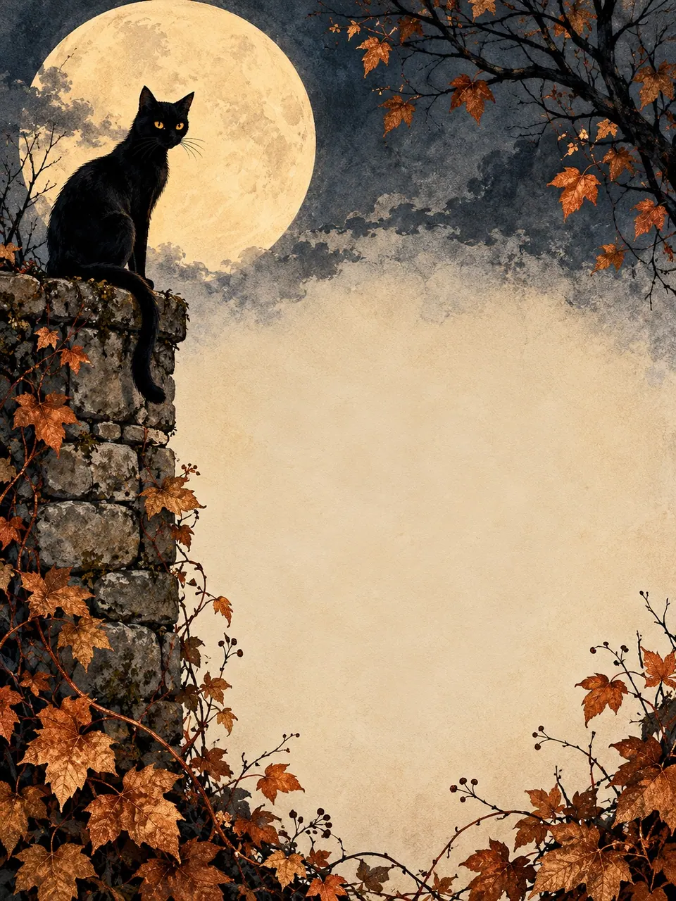 Black-cat party invitation artwork: A vertical illustration with an intentionally quiet center for event details.