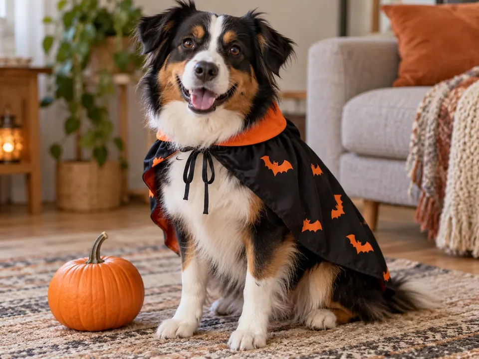 Pet photo with a simple cape: A light seasonal change around a pet rather than a new animal portrait.
