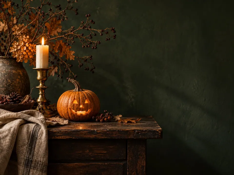 Autumn event banner still life: A tabletop composition with usable negative space on the right.