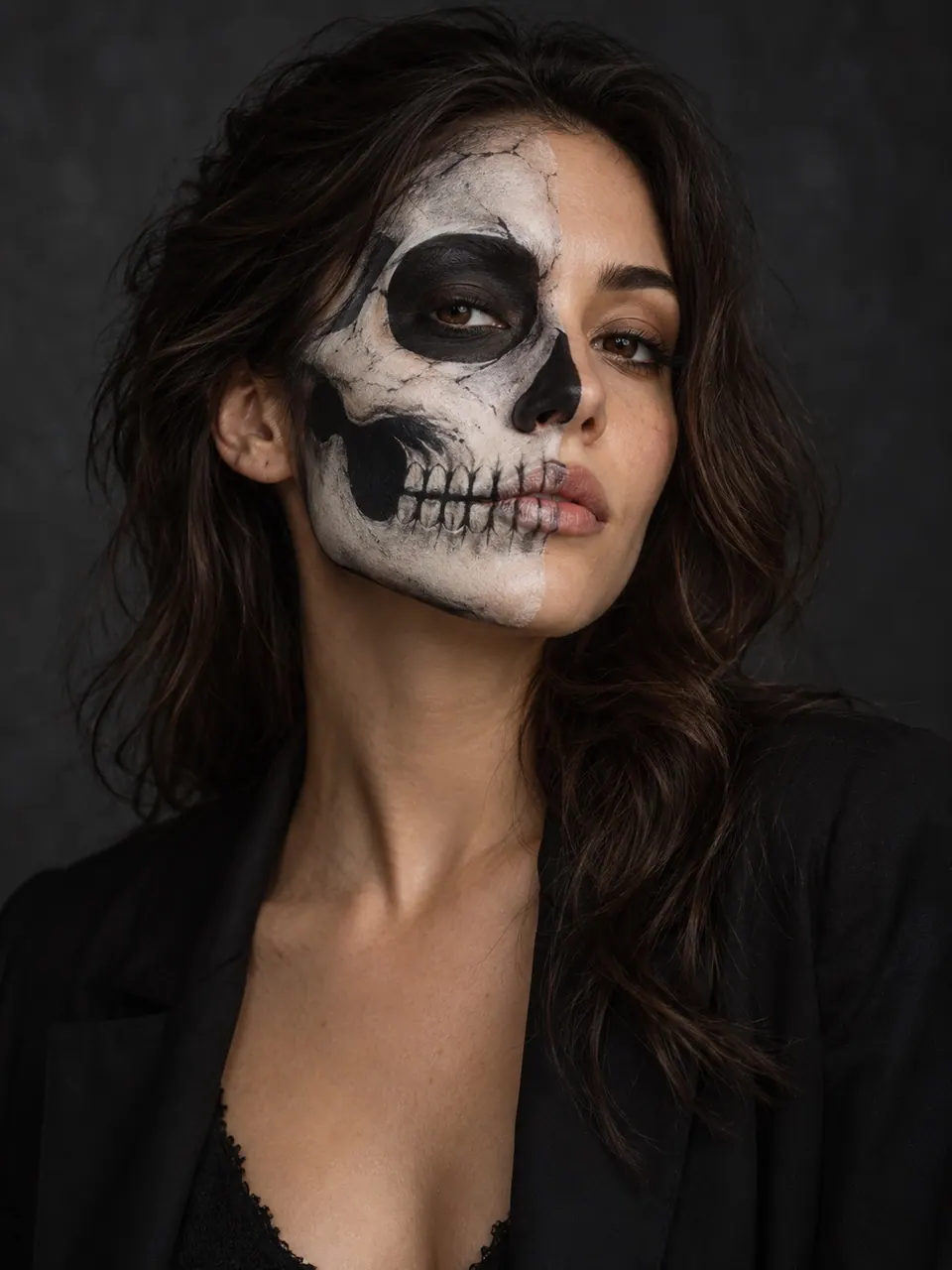 Half-face skeleton makeup: Beauty editorial framing where the painted and unpainted halves can both be read.