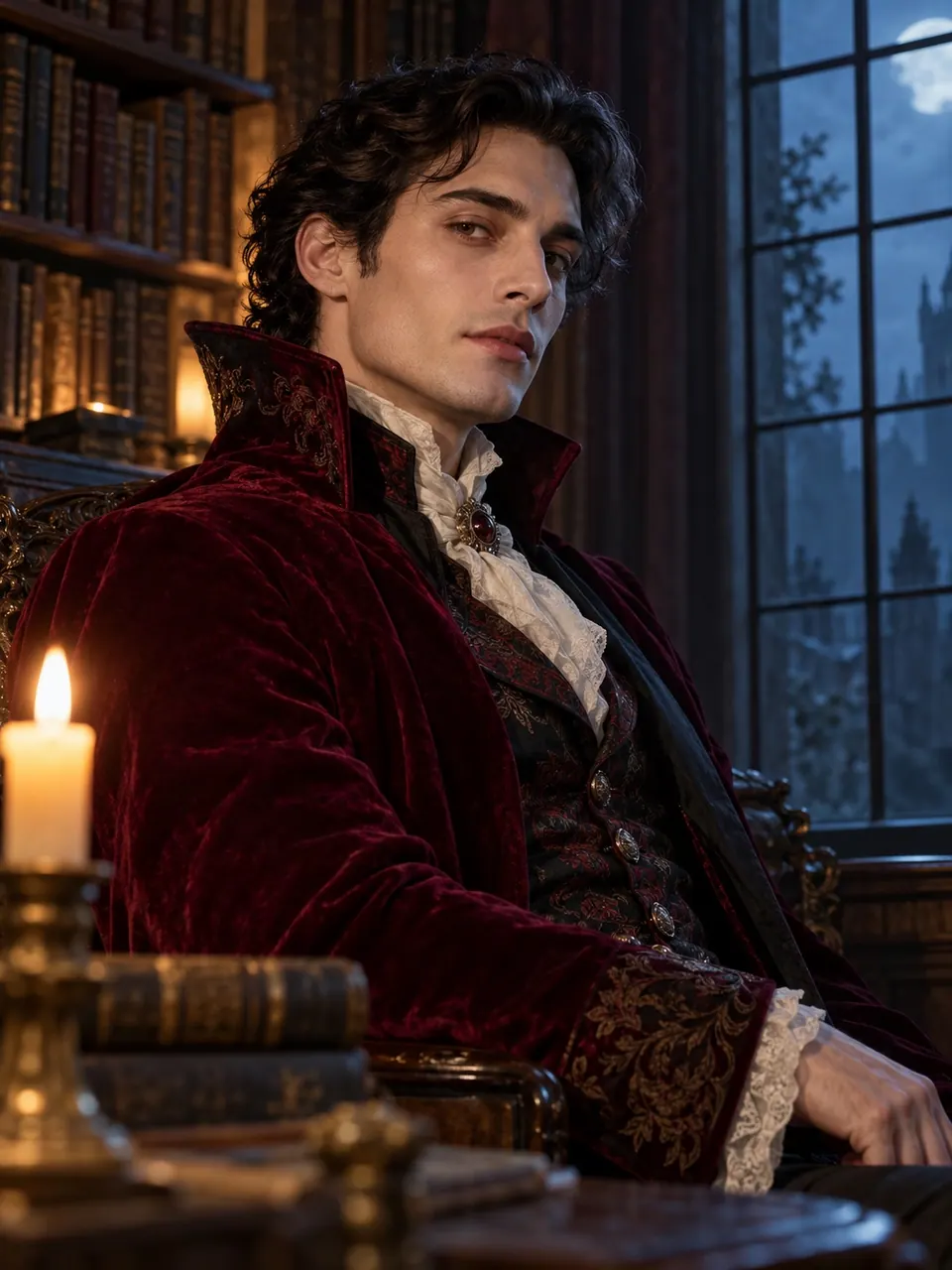 Velvet vampire in a library: A quieter gothic portrait that does not rely on gore or a familiar character.