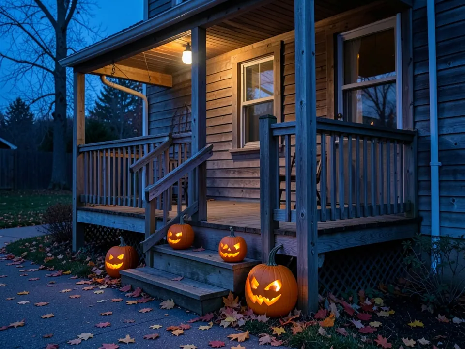 Generated timber porch at blue hour with four glowing carved pumpkins and fallen leaves