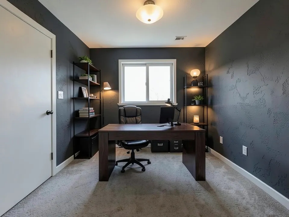 Same room redesigned as a refined industrial office