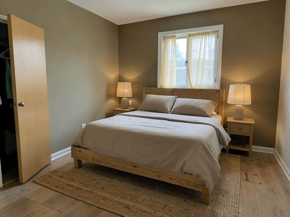 Same bedroom redesigned in a calm Japandi style