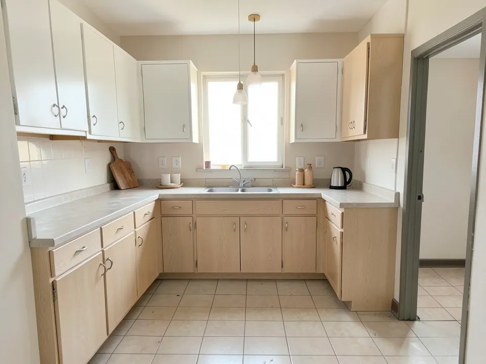 Same kitchen redesigned with soft Scandinavian finishes