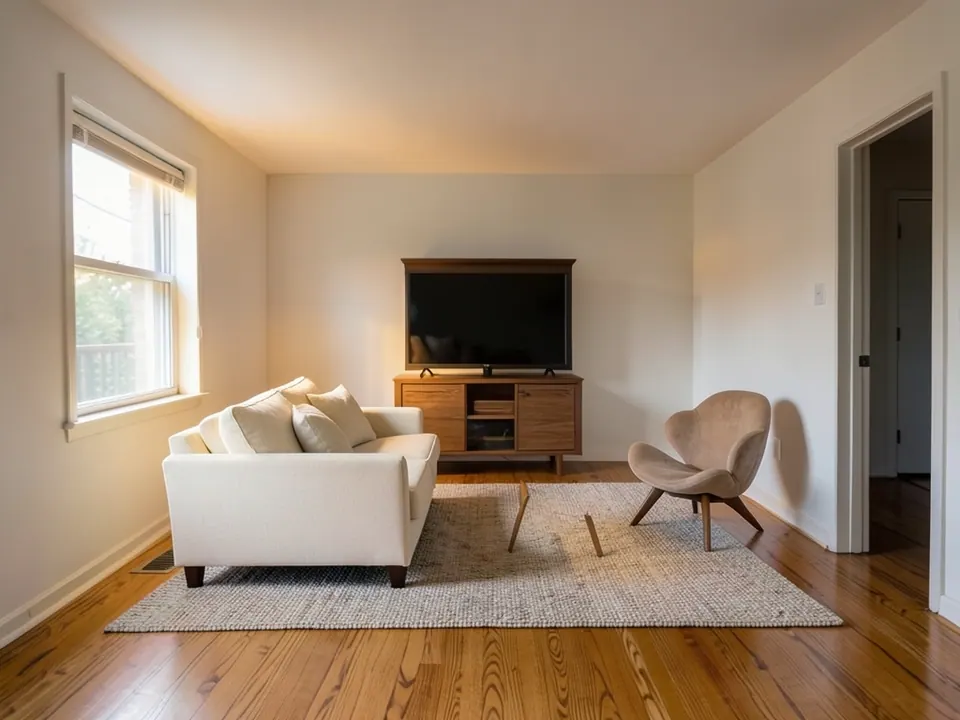 Living room transformed into a warm minimal interior