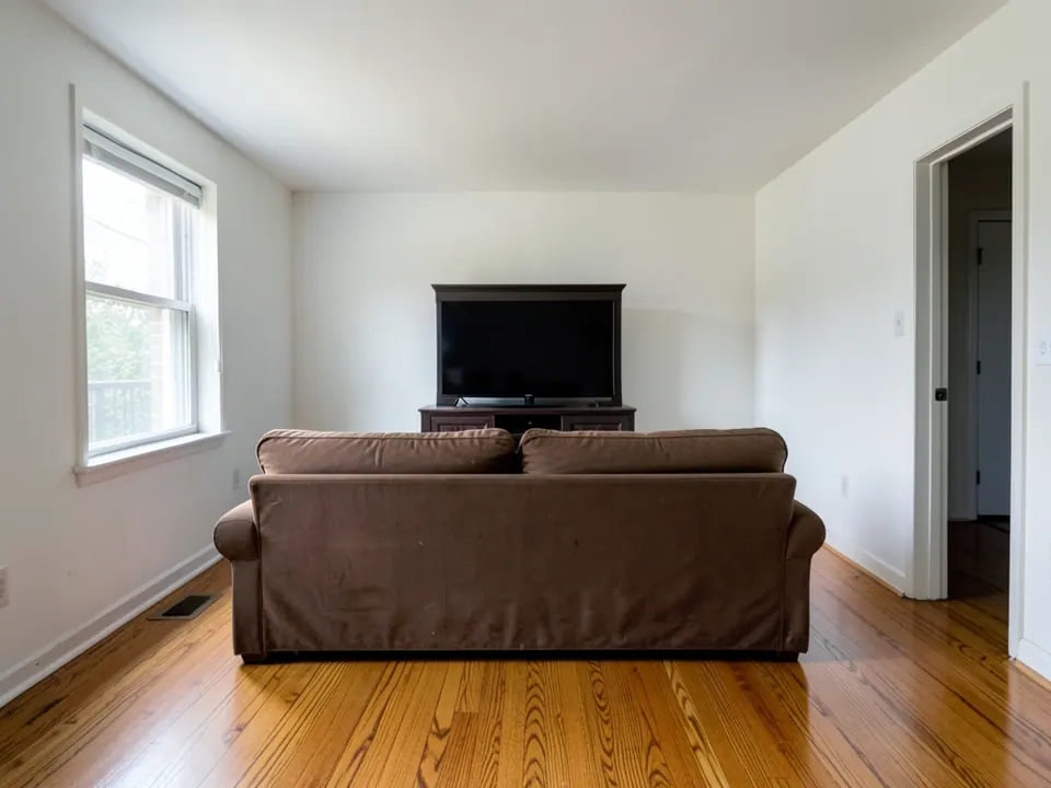 Dated living room with a brown sofa