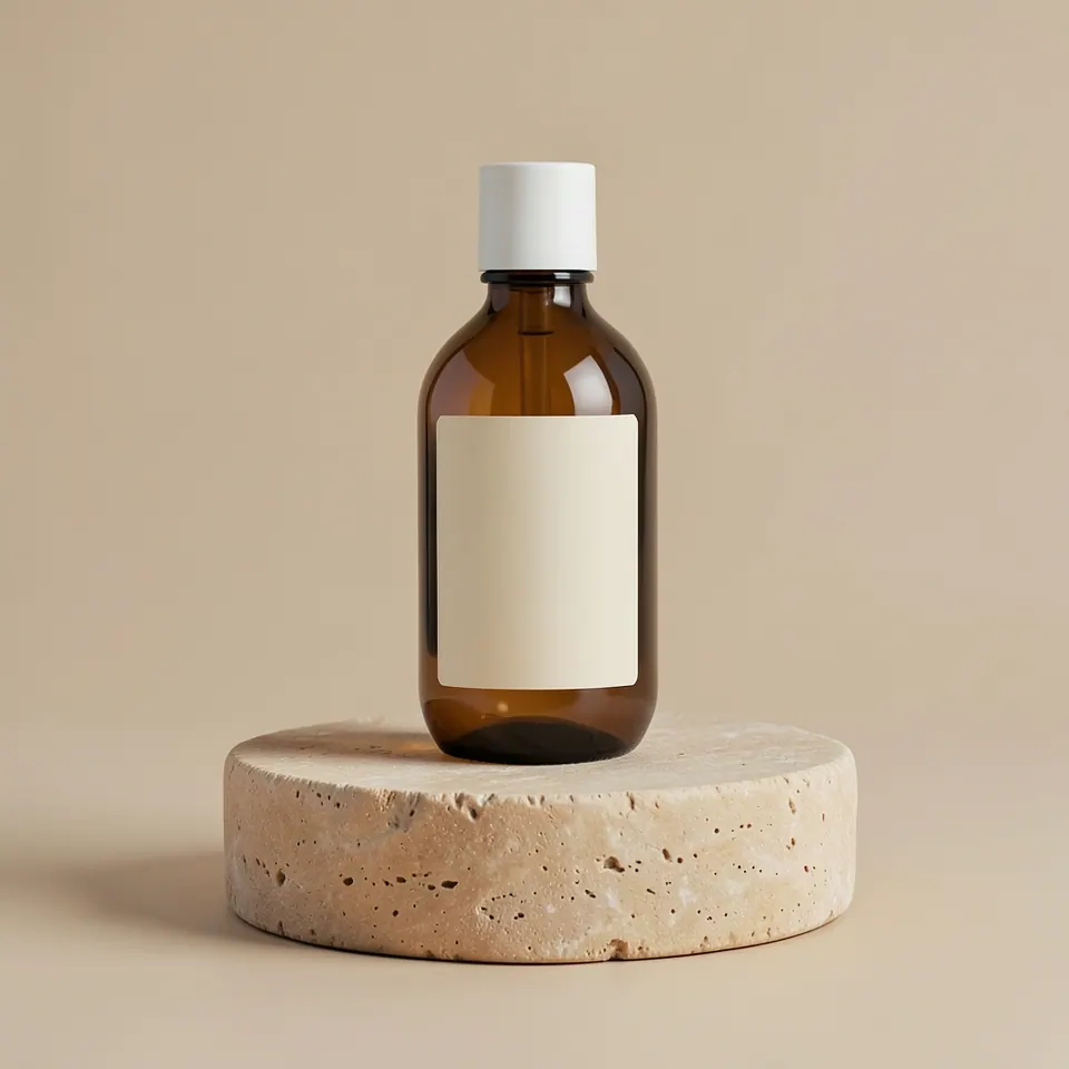 Amber skincare bottle on a limestone pedestal in a warm clean studio
