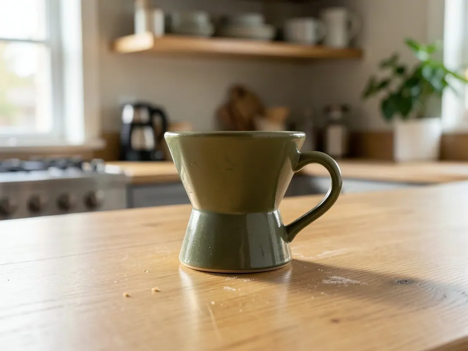 Olive ceramic coffee dripper on a light oak kitchen counter