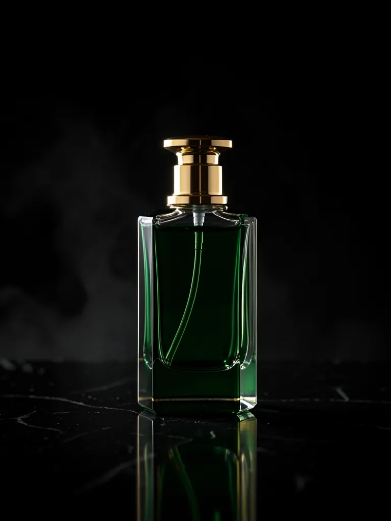Luxury product photograph of a green perfume bottle on black stone