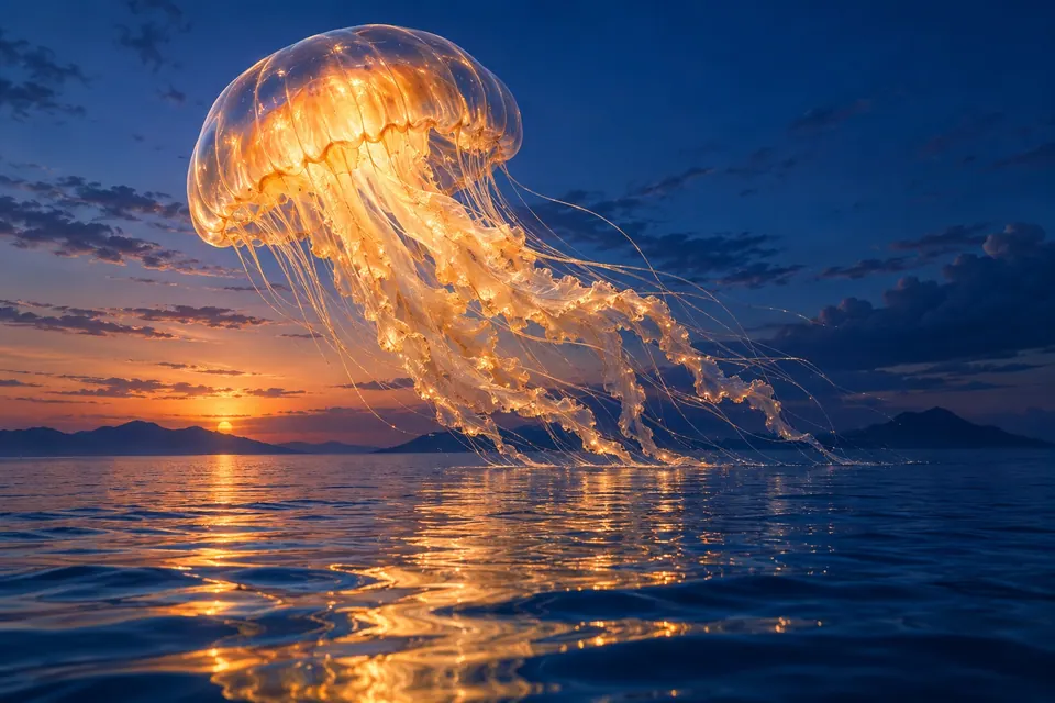 Illustrative AI artwork of a luminous amber jellyfish over a blue sea at dusk