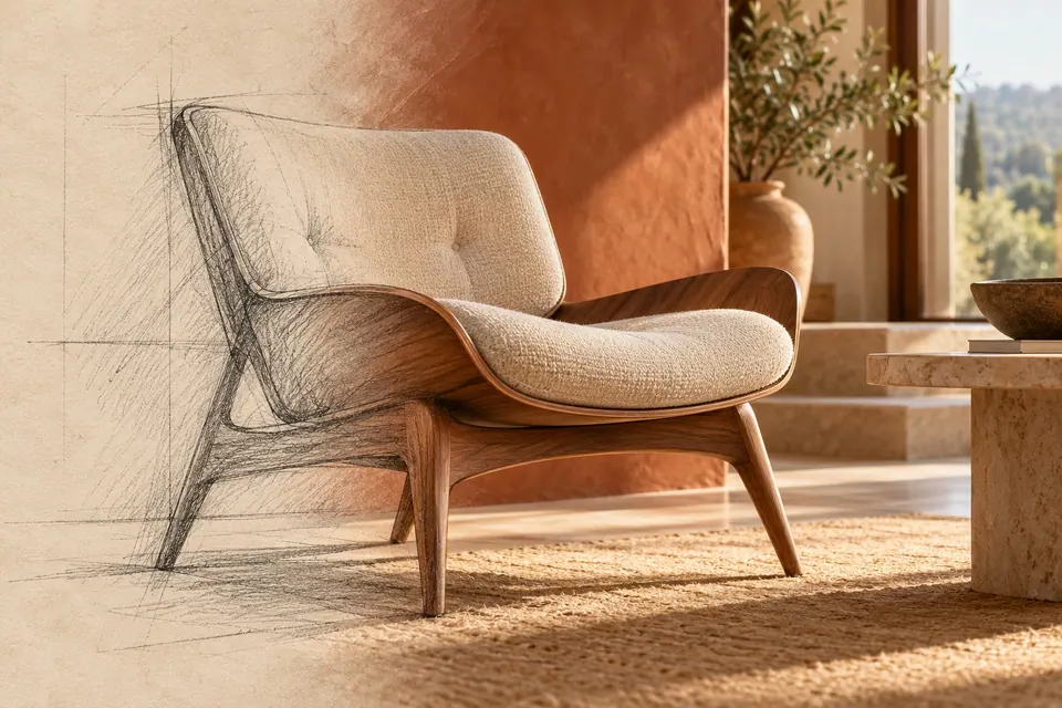 Illustrative artwork of a lounge chair moving from a pencil sketch into a finished room scene