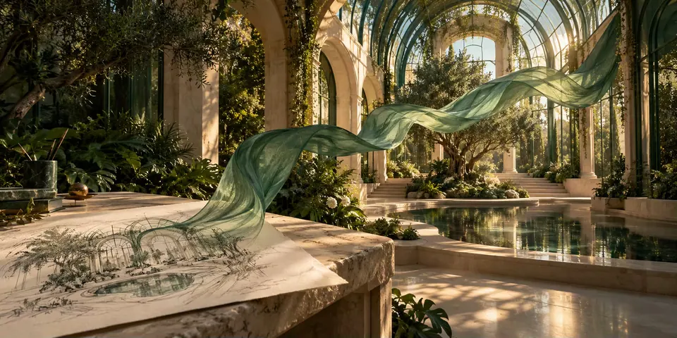 Conceptual greenhouse scene growing from an architectural sketch into a richly lit image