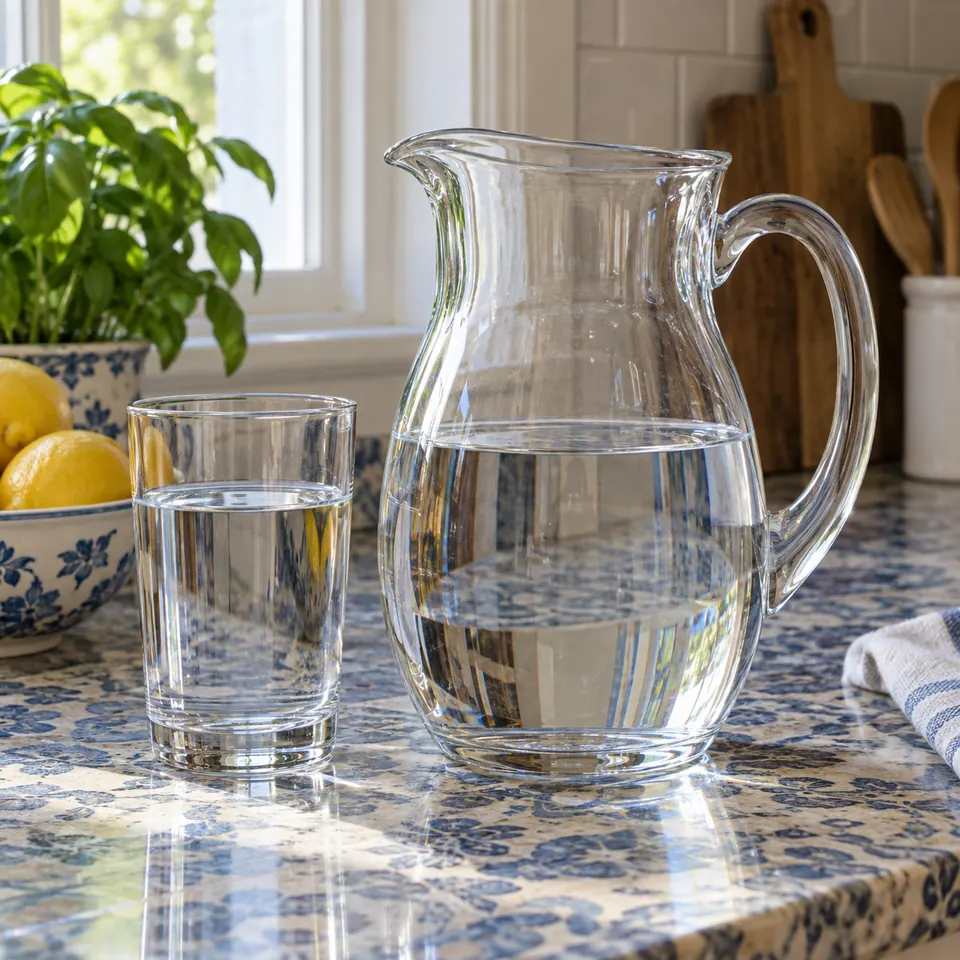 Source photo of a clear glass pitcher and tumbler before background removal