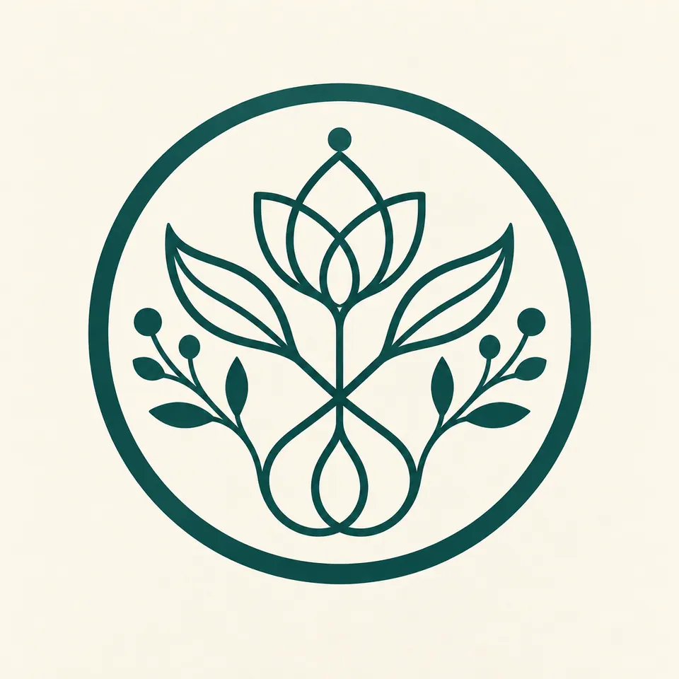 Opaque cream-background source image of a fictional teal botanical logo