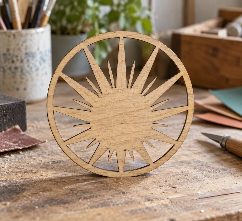 Source photo of a wooden sunburst object before background removal