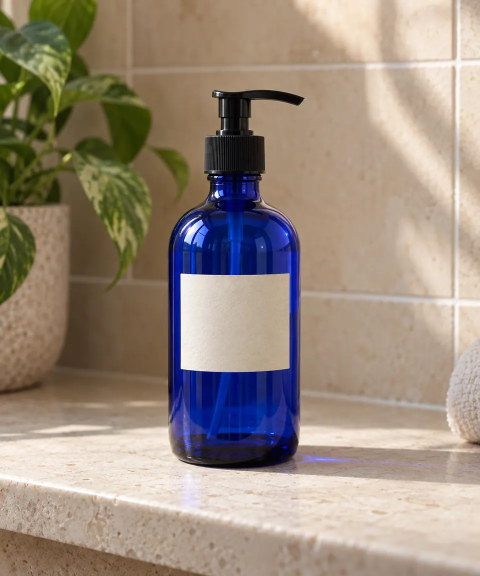 Source photo of a blue product bottle before background removal