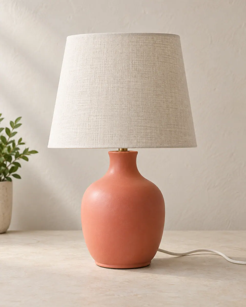 Source product photo of a ceramic lamp and soft cast shadow before background removal