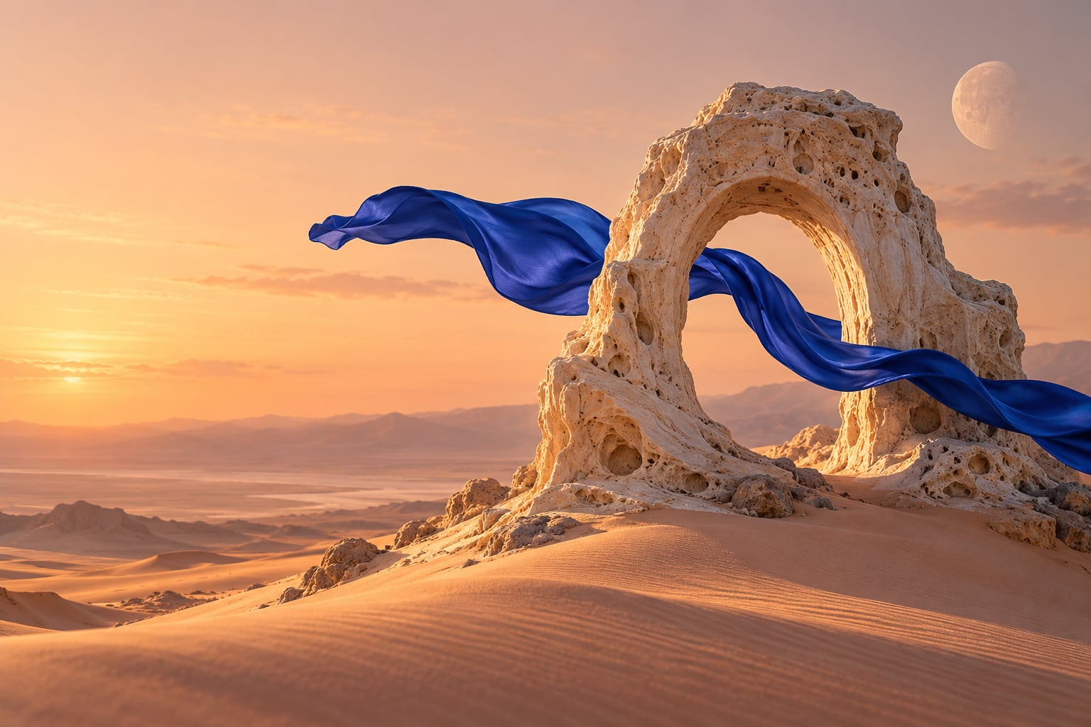 Dreamlike travertine arch in a desert at sunset with a cobalt blue ribbon