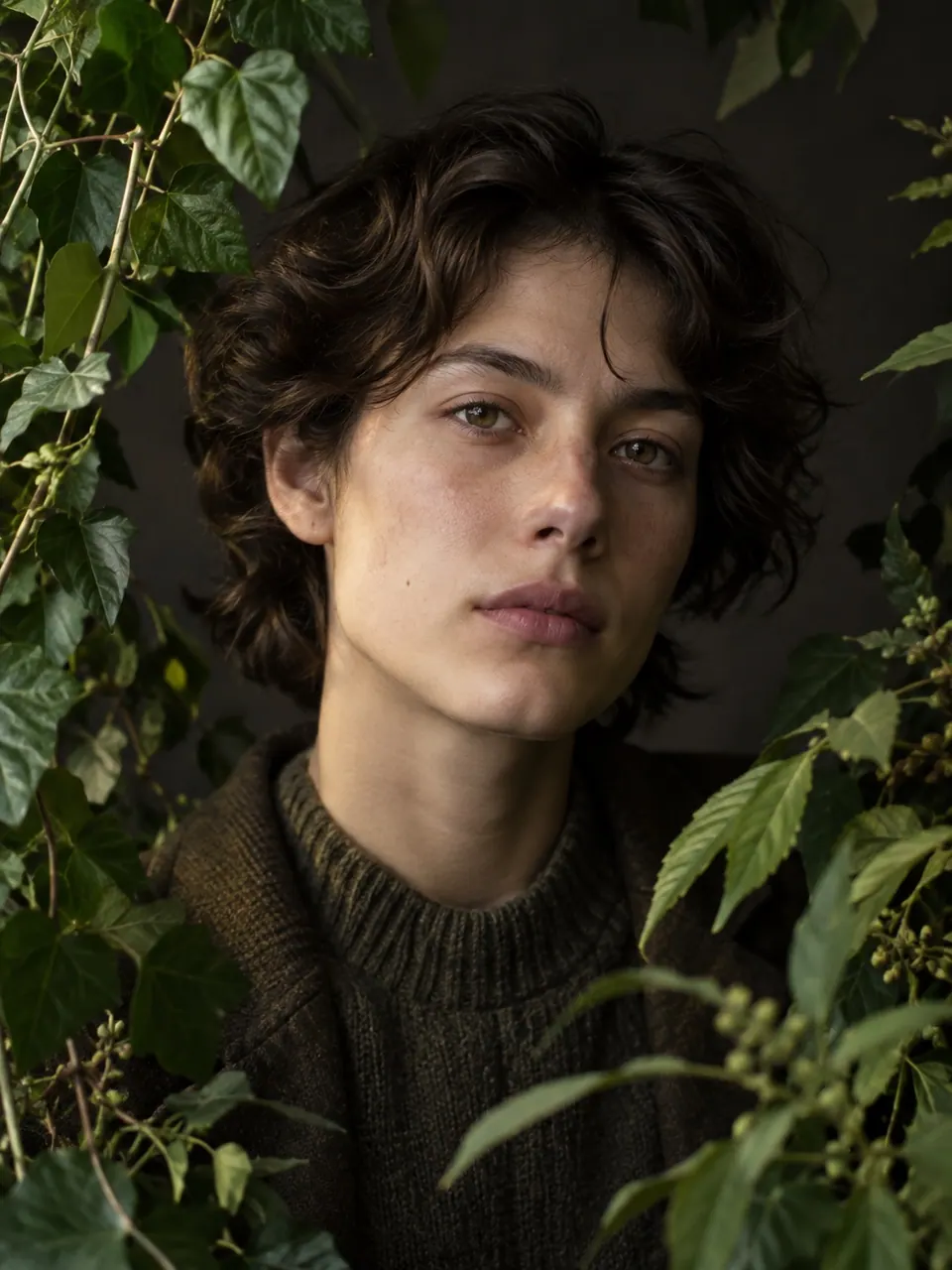 An editorial portrait framed by deep green leaves