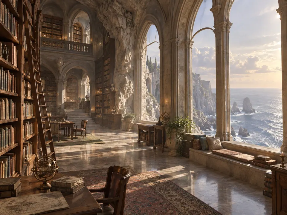 A sunlit library carved into a sea cliff with tall arched windows