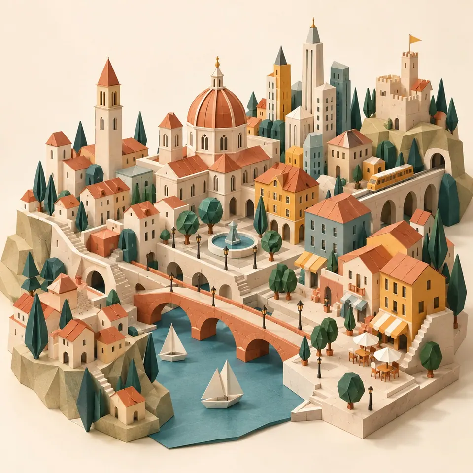 A colorful miniature city made from folded paper