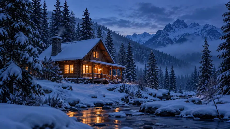 A warmly lit wooden cabin in a snowy mountain forest at blue hour