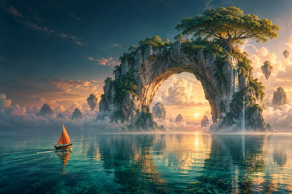 Dreamlike artwork of a small sailboat sailing toward a sunlit stone arch above the sea