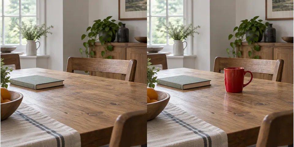 The same table before and after adding a red ceramic cup