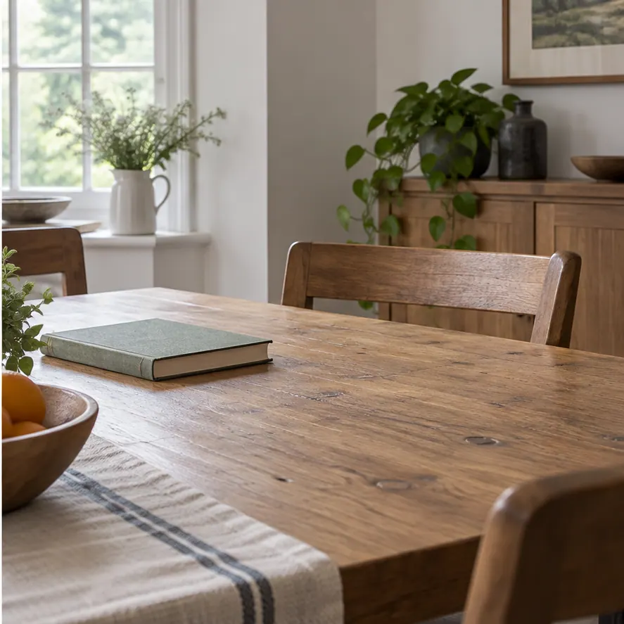 The same table before and after adding a red ceramic cup — Before