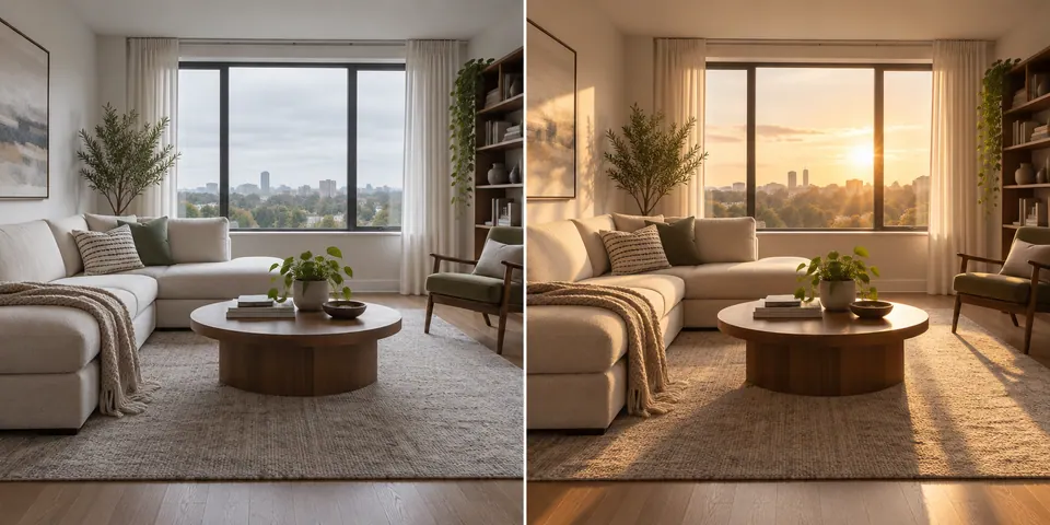 The same room before and after adding warm afternoon light