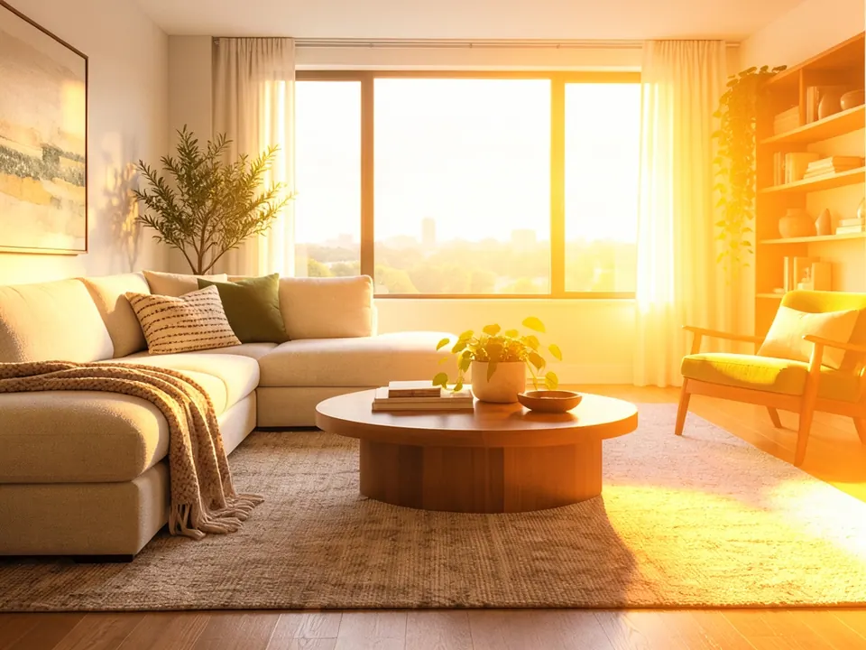 Edited living room with warm sunlight through the window