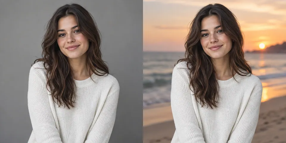 The same portrait before and after replacing a plain background with a beach