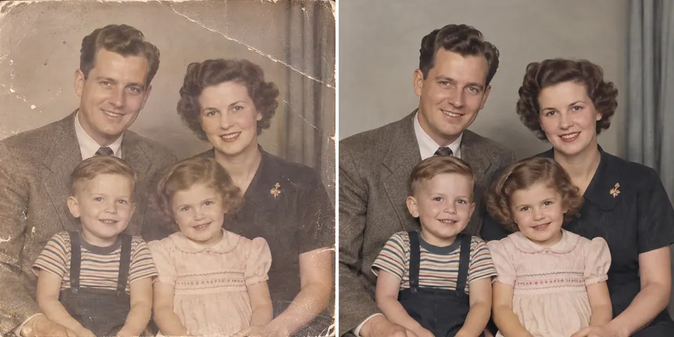 The same old family photo before and after generative restoration
