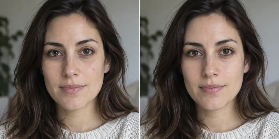 The same portrait before and after a subtle under-eye and blemish retouch