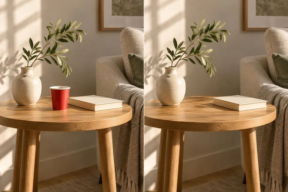 Illustrative before and after photo edit: a red paper cup is removed from a side table while the vase, book, and room remain