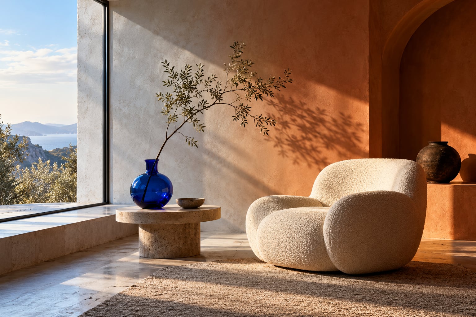Modern room with a cream chair and cobalt vase shifting from cool daylight to warm terracotta light
