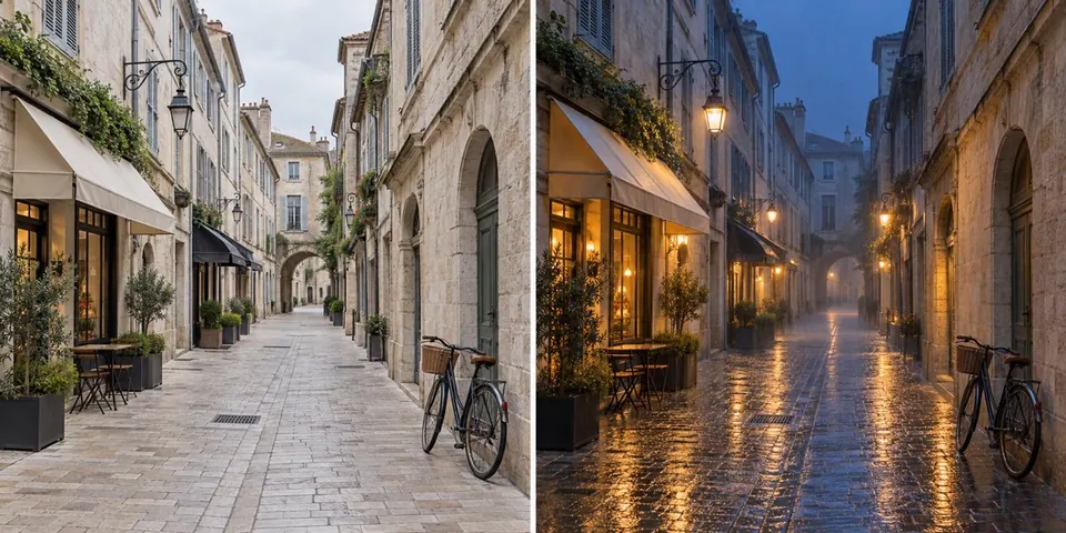 Daytime street changed into a rainy night