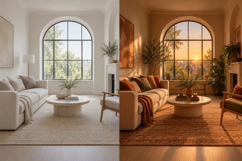 Before and after view of the same living room: a bright neutral interior transformed into a warm terracotta space at sunset