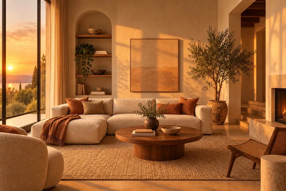 The same living room transformed with warm sunset light